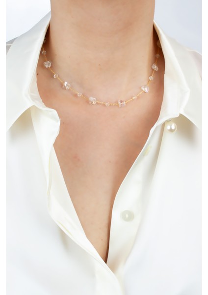 Kristal Taşlı Gold Ince Zincir Kolye