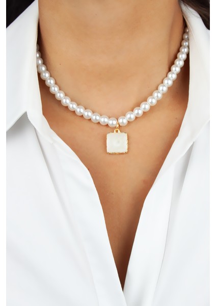 Mine Kaplı Kare Gold Uçlu Cam Inci Kolye fiyatları