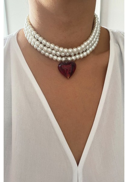 Kalp Uçlu Üç Sıralı Inci Kolye