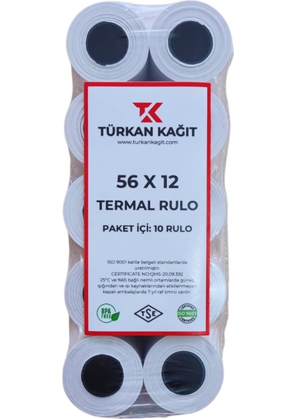 56X12 Termal Rulo Yazarkasa Pos Rulosu 1 Paket 10 Adet