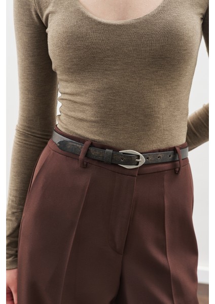 Eskitme Efektli Deri Kemer Kahverengi