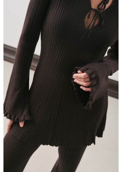 Volanlı Lastik Örgü Tunik Kahverengi modelleri