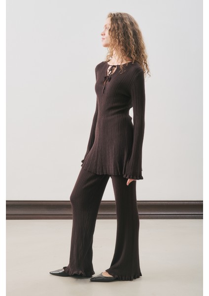 Volanlı Lastik Örgü Tunik Kahverengi fırsatları
