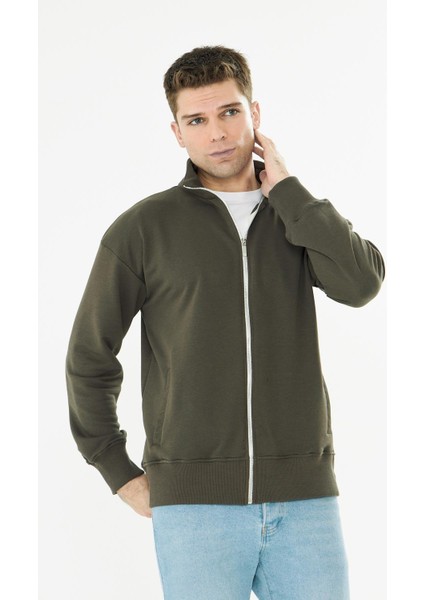 Erkek Tam Fermuarlı Pamuklu Eşofman Üstü Haki 9507-H