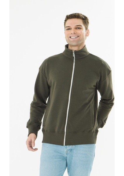 Erkek Tam Fermuarlı Pamuklu Eşofman Üstü Haki 9507-H