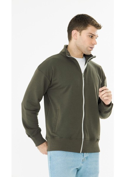 Erkek Tam Fermuarlı Pamuklu Eşofman Üstü Haki 9507-H