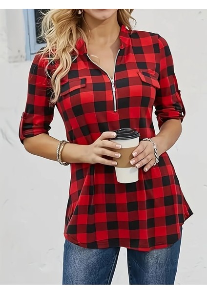 Kadın Uzun Kollu Hakim Yaka Yakadan Fermuarlı Geometrik Desenli Süprem Bluz