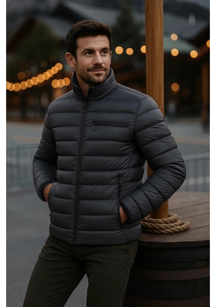 Erkek Trend Günlük Dik Yaka Kışlık Füme Şişme Mont