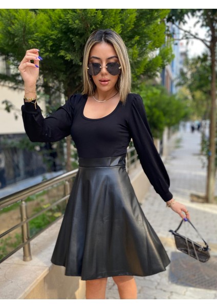 Kadın Uzun Kollu Kare Yaka Üst Viskon Alt Deri Mini Elbise