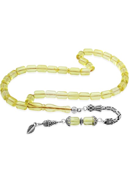 925 Ayar Gümüş Kral Zincir Püsküllü Tombul Kapsül Kesim Ihlamur Sarı Doğal Damla Kehribar Tesbih