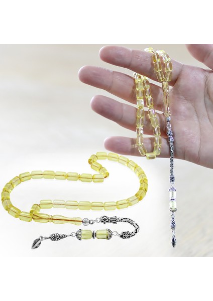 925 Ayar Gümüş Kral Zincir Püsküllü Tombul Kapsül Kesim Ihlamur Sarı Doğal Damla Kehribar Tesbih fiyatları