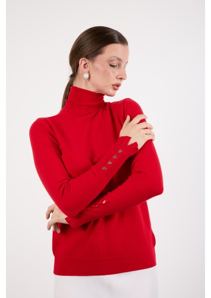 Kadın Kırmızı Çıtçıtlı Kollu Balıkçı Yaka Triko Bluz
