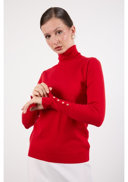 Kadın Kırmızı Çıtçıtlı Kollu Balıkçı Yaka Triko Bluz fiyatları