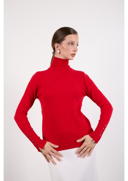 Kadın Kırmızı Çıtçıtlı Kollu Balıkçı Yaka Triko Bluz modelleri