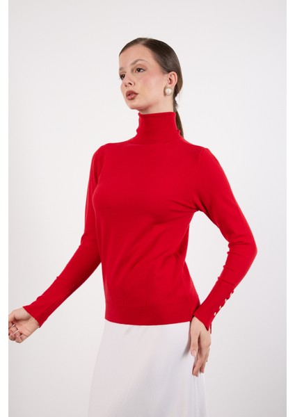Kadın Kırmızı Çıtçıtlı Kollu Balıkçı Yaka Triko Bluz fırsatları