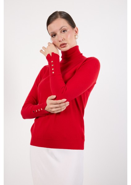 Kadın Kırmızı Çıtçıtlı Kollu Balıkçı Yaka Triko Bluz indirimleri