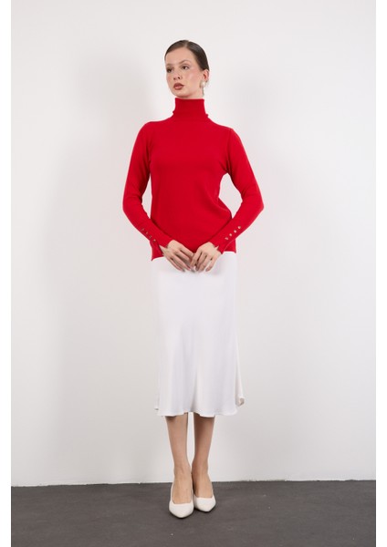 Kadın Kırmızı Çıtçıtlı Kollu Balıkçı Yaka Triko Bluz