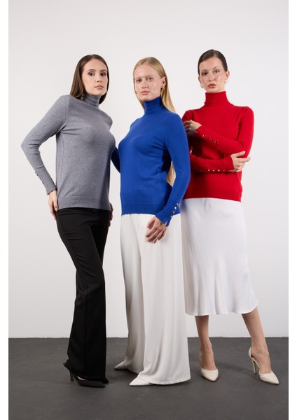 Kadın Kırmızı Çıtçıtlı Kollu Balıkçı Yaka Triko Bluz