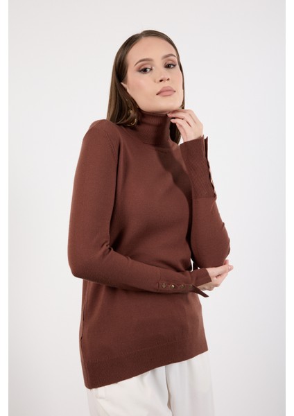 Kadın Kahve Çıtçıtlı Kollu Balıkçı Yaka Triko Bluz