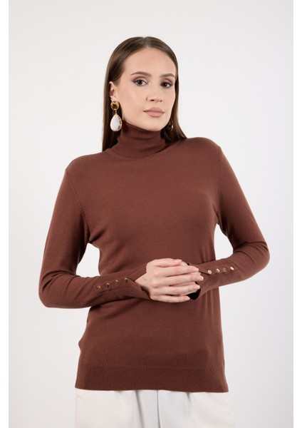 Kadın Kahve Çıtçıtlı Kollu Balıkçı Yaka Triko Bluz fiyatları