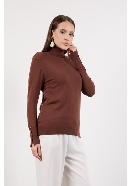 Kadın Kahve Çıtçıtlı Kollu Balıkçı Yaka Triko Bluz modelleri