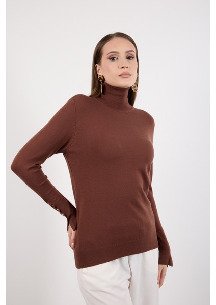 Kadın Kahve Çıtçıtlı Kollu Balıkçı Yaka Triko Bluz fırsatları