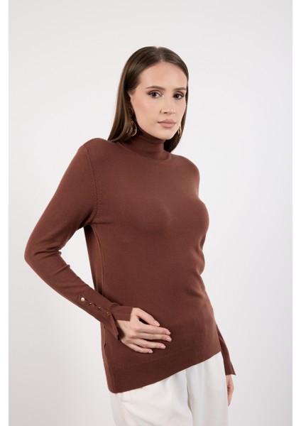 Kadın Kahve Çıtçıtlı Kollu Balıkçı Yaka Triko Bluz indirimleri