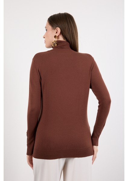 Kadın Kahve Çıtçıtlı Kollu Balıkçı Yaka Triko Bluz