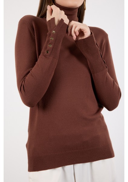 Kadın Kahve Çıtçıtlı Kollu Balıkçı Yaka Triko Bluz