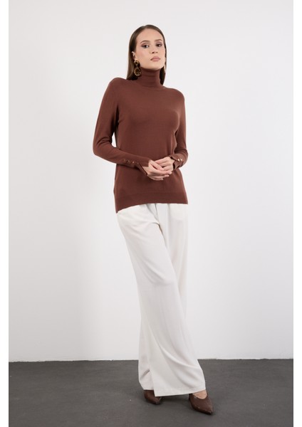 Kadın Kahve Çıtçıtlı Kollu Balıkçı Yaka Triko Bluz