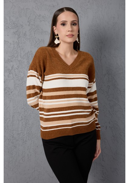 Kadın Taba Çizgili V Yaka Şönil Kadife Triko Kazak modelleri