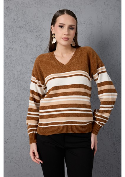Kadın Taba Çizgili V Yaka Şönil Kadife Triko Kazak fırsatları