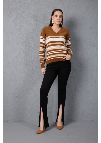 Kadın Taba Çizgili V Yaka Şönil Kadife Triko Kazak