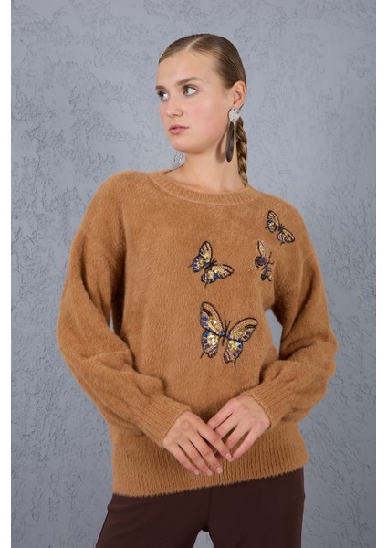 Kadın Bej Sakal Iplik Önü Boncuk Nakışlı Balon Kollu Bisiklet Yaka Triko Kazak fiyatları