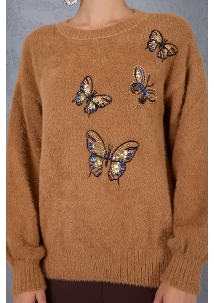 Kadın Bej Sakal Iplik Önü Boncuk Nakışlı Balon Kollu Bisiklet Yaka Triko Kazak indirimleri