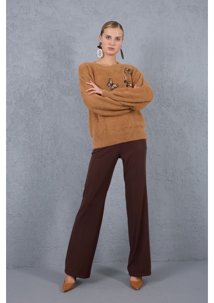 Kadın Bej Sakal Iplik Önü Boncuk Nakışlı Balon Kollu Bisiklet Yaka Triko Kazak