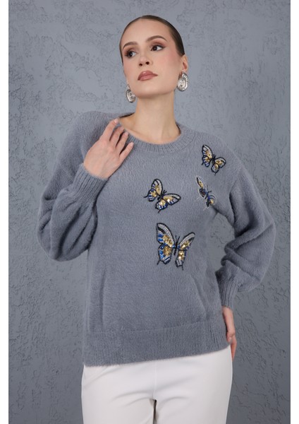 Kadın Gri Sakal Iplik Önü Boncuk Nakışlı Balon Kollu Bisiklet Yaka Triko Kazak fiyatları