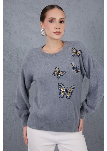 Kadın Gri Sakal Iplik Önü Boncuk Nakışlı Balon Kollu Bisiklet Yaka Triko Kazak modelleri