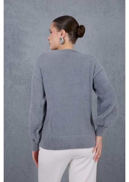 Kadın Gri Sakal Iplik Önü Boncuk Nakışlı Balon Kollu Bisiklet Yaka Triko Kazak fırsatları