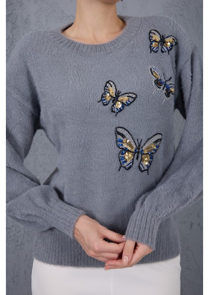 Kadın Gri Sakal Iplik Önü Boncuk Nakışlı Balon Kollu Bisiklet Yaka Triko Kazak indirimleri