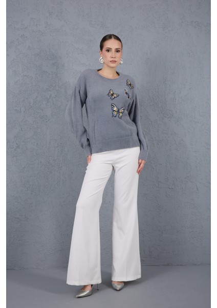 Kadın Gri Sakal Iplik Önü Boncuk Nakışlı Balon Kollu Bisiklet Yaka Triko Kazak