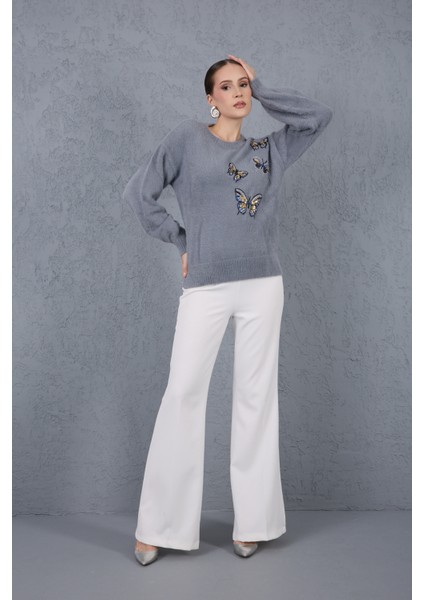 Kadın Gri Sakal Iplik Önü Boncuk Nakışlı Balon Kollu Bisiklet Yaka Triko Kazak