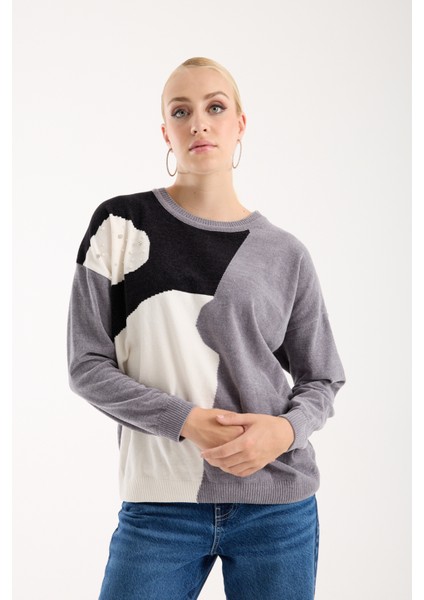Kadın Gri Şönil Kadife Renk Bloklu Taş Detaylı Bisiklet Yaka Triko Kazak