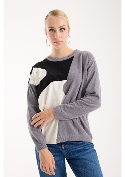 Kadın Gri Şönil Kadife Renk Bloklu Taş Detaylı Bisiklet Yaka Triko Kazak modelleri