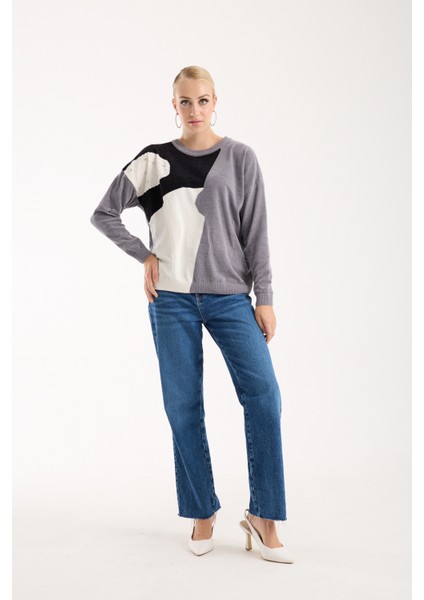 Kadın Gri Şönil Kadife Renk Bloklu Taş Detaylı Bisiklet Yaka Triko Kazak