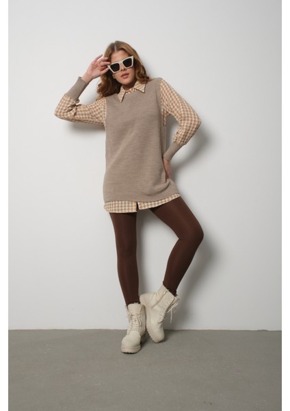 Kadın Bej Fitilli Triko Süveter ve Kareli Gömlek Ikili Kombin indirimleri