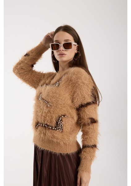 Kadın Bej Sakal Iplik Inci Detaylı Bisiklet Yaka Triko Kazak fiyatları