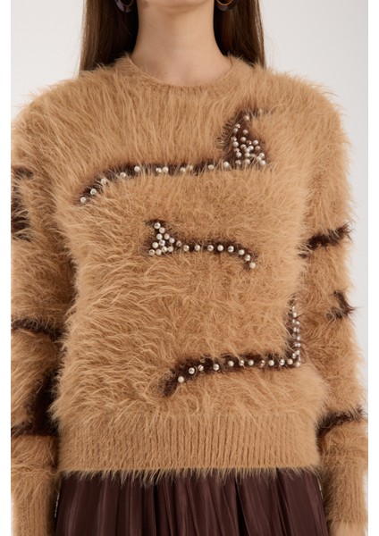 Kadın Bej Sakal Iplik Inci Detaylı Bisiklet Yaka Triko Kazak modelleri