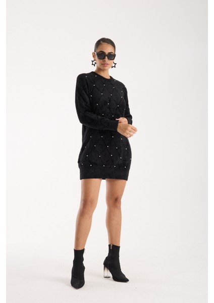 Kadın Siyah Sakal Iplik Taş Detaylı Bisiklet Yaka Triko Kazak fiyatları