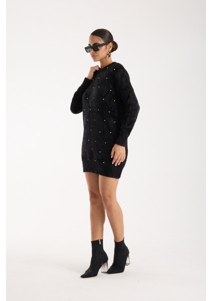 Kadın Siyah Sakal Iplik Taş Detaylı Bisiklet Yaka Triko Kazak modelleri